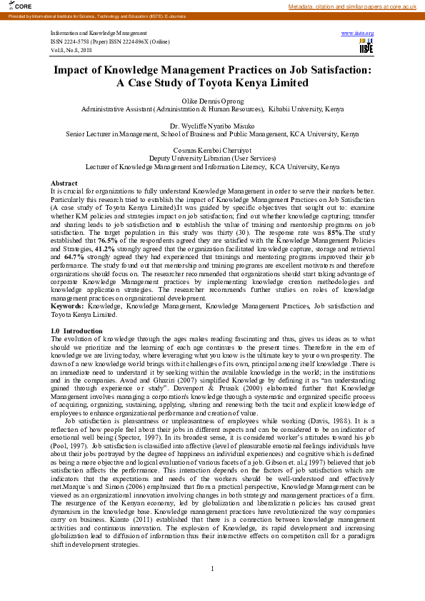(PDF) Impact of Knowledge Management Practices on Job Satisfaction: A ...