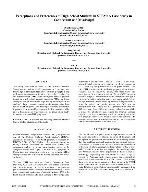(PDF) Perceptions and Preferences of High School Students in STEM : A ...