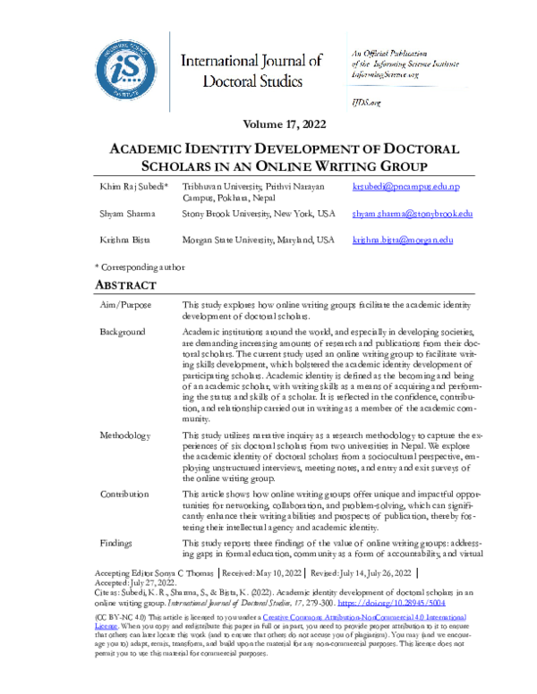 (PDF) Academic Identity Development of Doctoral Scholars in an Online ...