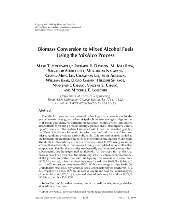 (PDF) Biomass Conversion to Mixed Alcohol Fuels Using the MixAlco Process