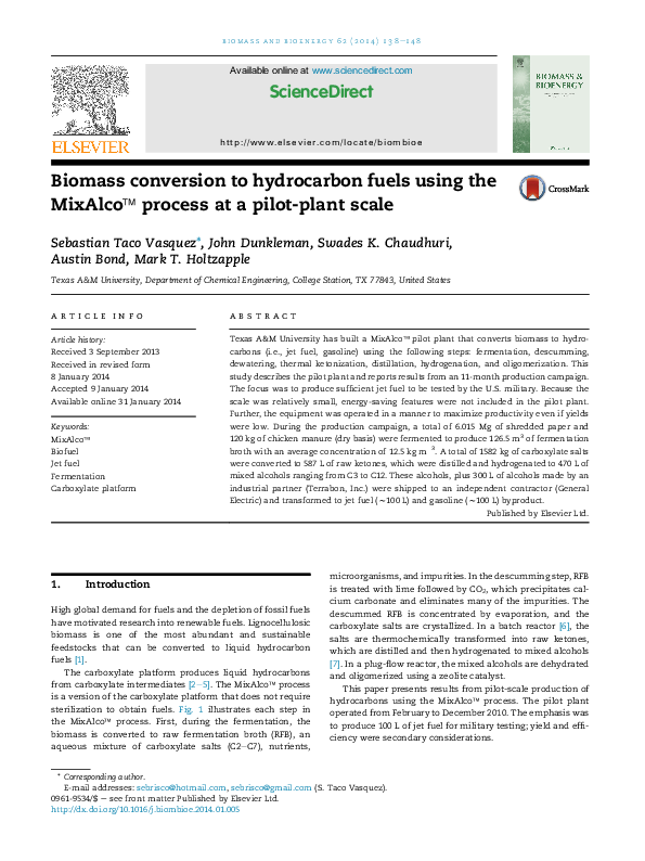 (PDF) Biomass conversion to hydrocarbon fuels using the MixAlco ...