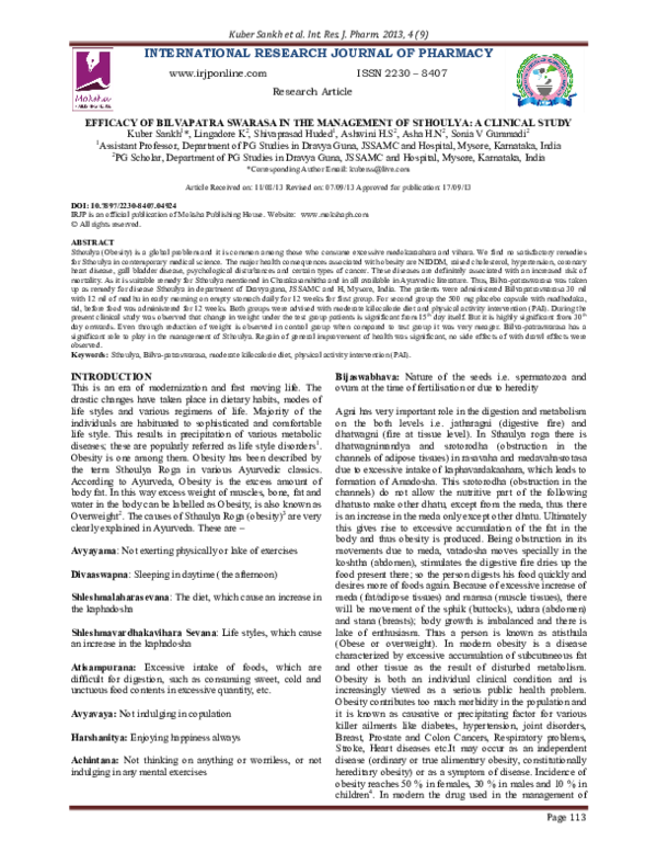 (PDF) Efficacy of Bilvapatra Swarasa in the Management of Sthoulya: A ...