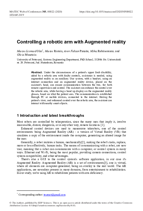 (PDF) Controlling a robotic arm with Augmented reality