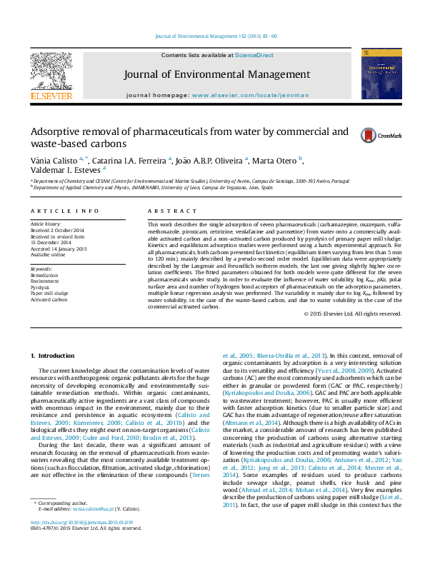 (PDF) Adsorptive removal of pharmaceuticals from water by commercial ...