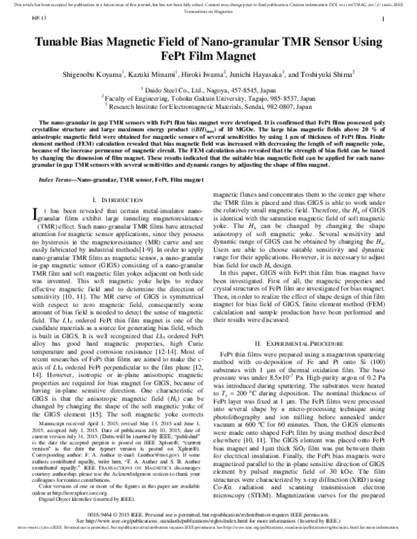 (PDF) Tunable Bias Magnetic Field of Nano-granular TMR Sensor Using ...