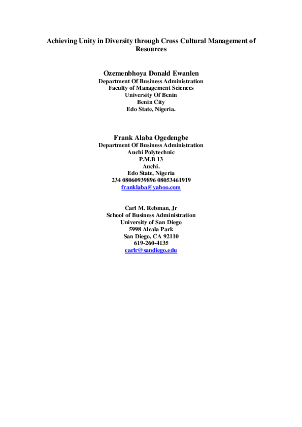 (PDF) Achieving Unity in Diversity through Cross Cultural Management of ...
