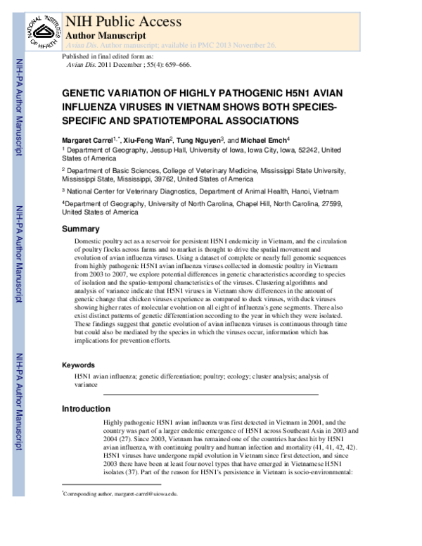 (PDF) Genetic Variation of Highly Pathogenic H5N1 Avian Influenza ...