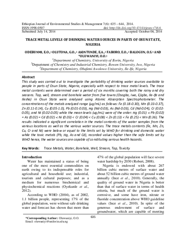 (PDF) Trace metal levels of drinking water sources in parts of Osun ...
