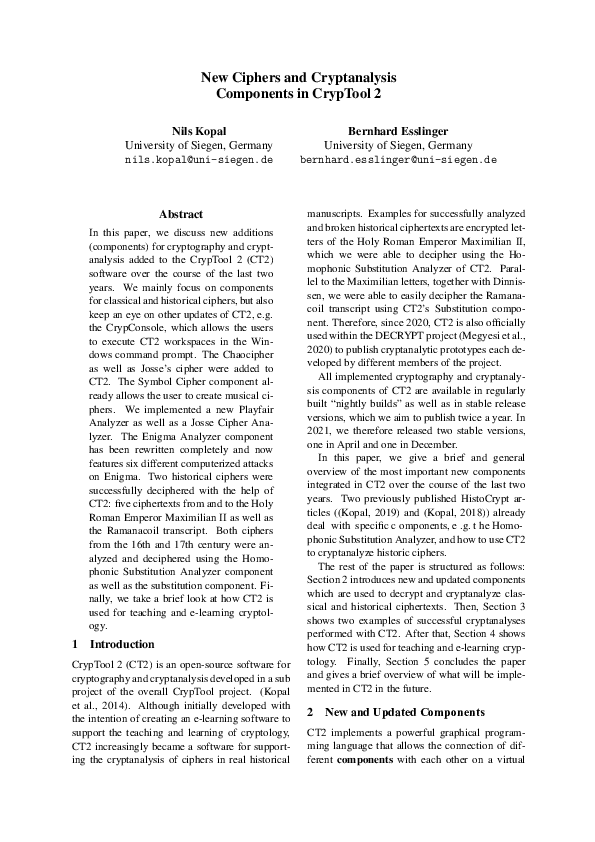 (PDF) New Ciphers and Cryptanalysis Components in CrypTool 2