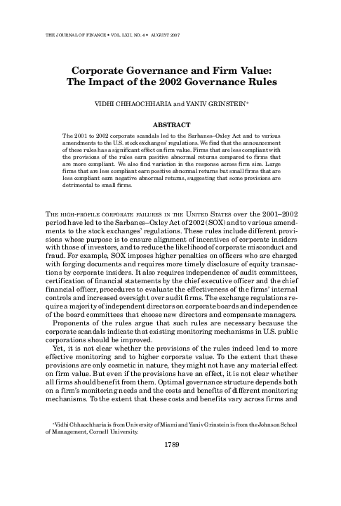 (PDF) Corporate Governance and Firm Value: The Impact of the 2002 ...