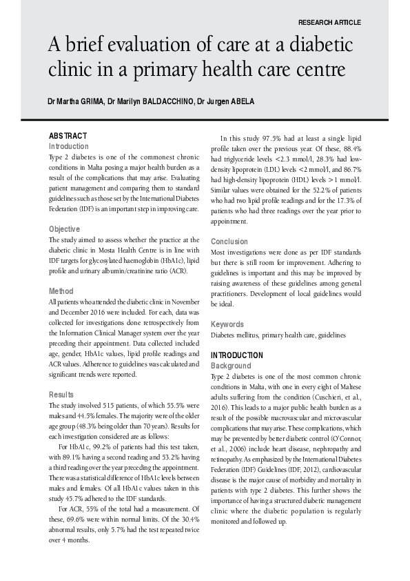 (PDF) A brief evaluation of care at a diabetic clinic in a primary