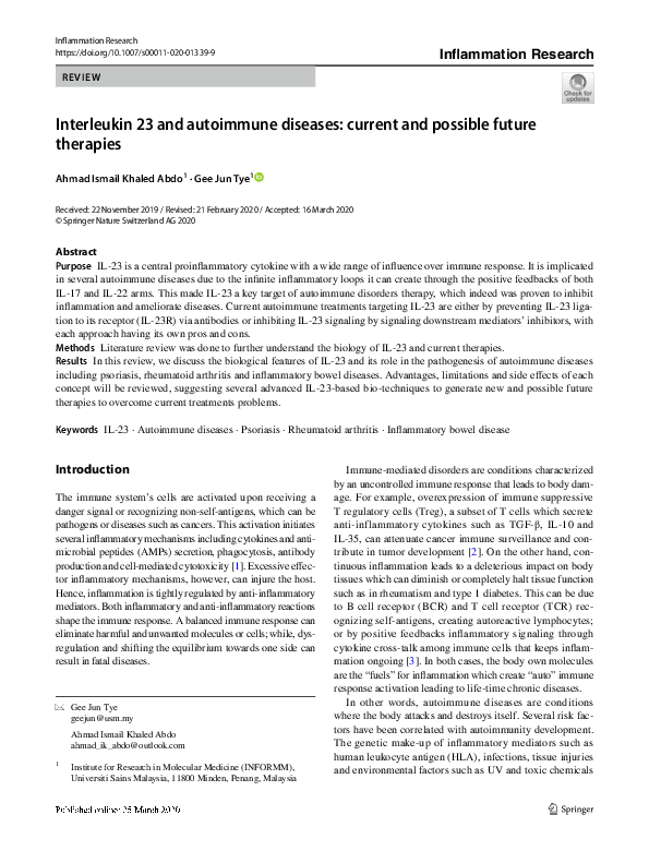 (PDF) Interleukin 23 and autoimmune diseases: current and possible ...
