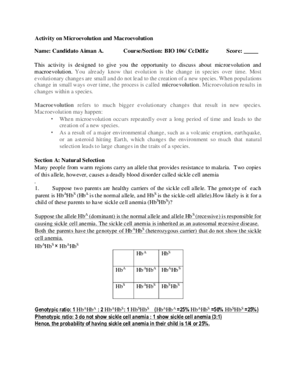 (PDF) Activity on Microevolution and Macroevolution