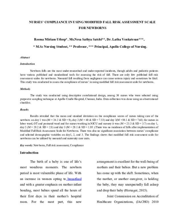 (DOC) Nurses Compliance in Using Modified Fall Risk Assessment Scale ...