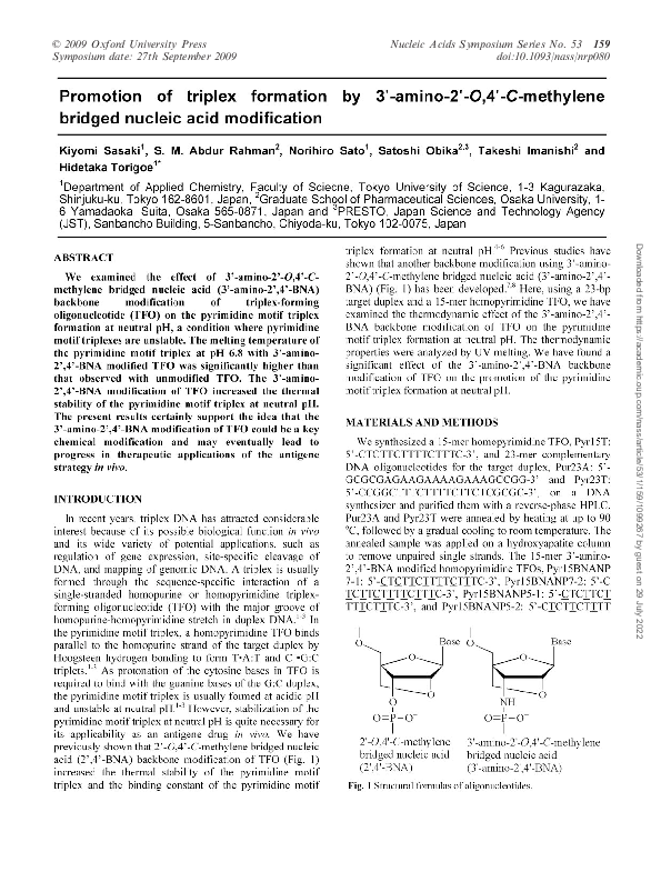 (PDF) Promotion of triplex formation by 3'-amino-2'-O,4'-C-methylene ...