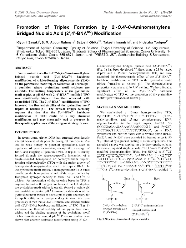 (PDF) Promotion of triplex formation by 2'-O,4'-C-aminomethylene ...