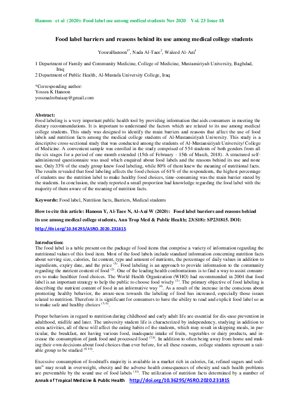 (PDF) Food label barriers and reasons behind its use among medical ...