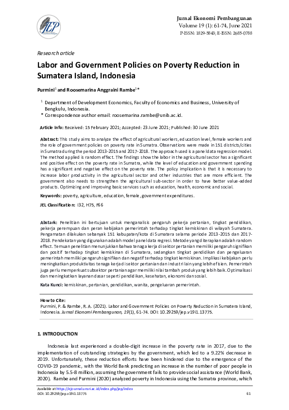 (PDF) Labor and Government Policies on Poverty Reduction in Sumatera ...