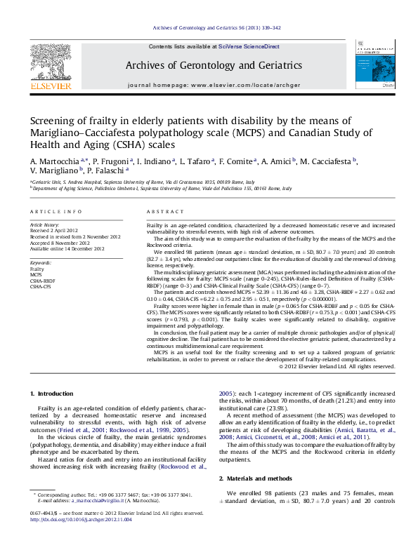 (PDF) Screening of frailty in elderly patients with disability by the ...