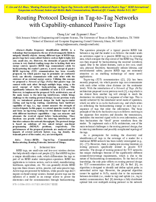(PDF) Routing protocol design in tagtotag networks with capability