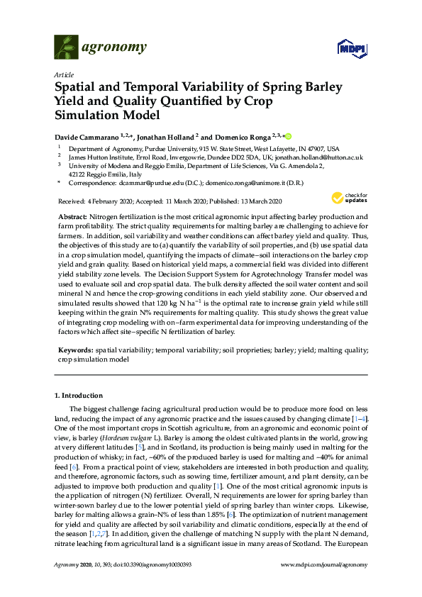 (PDF) Spatial and Temporal Variability of Spring Barley Yield and ...