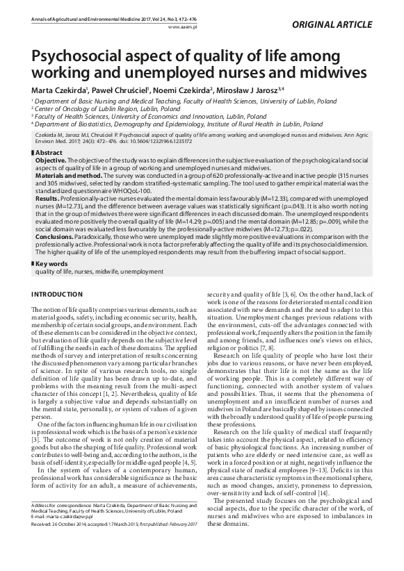 (PDF) Psychosocial aspect of quality of life among working and ...