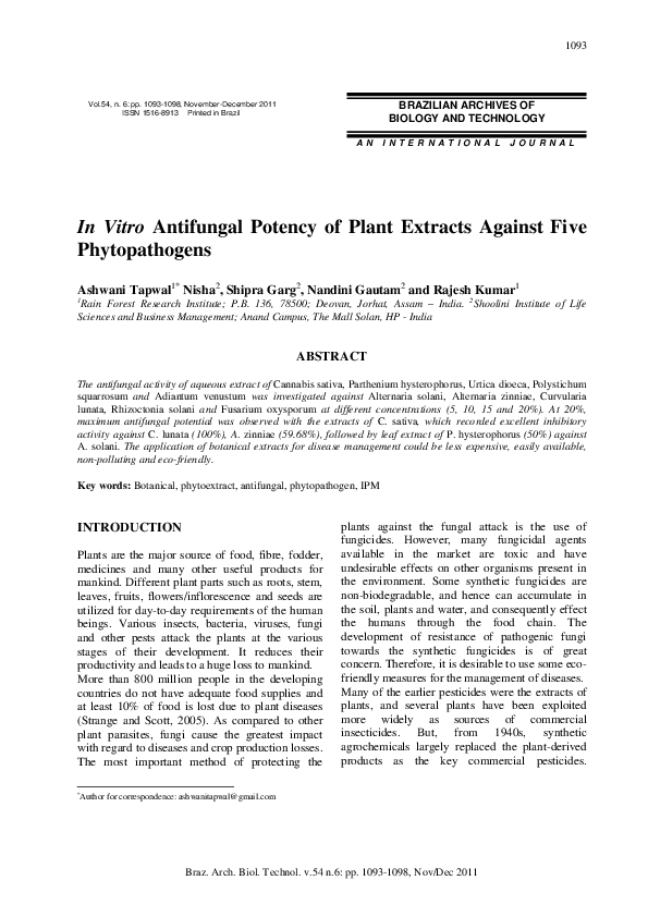 (PDF) In Vitro antifungal potency of plant extracts against five ...