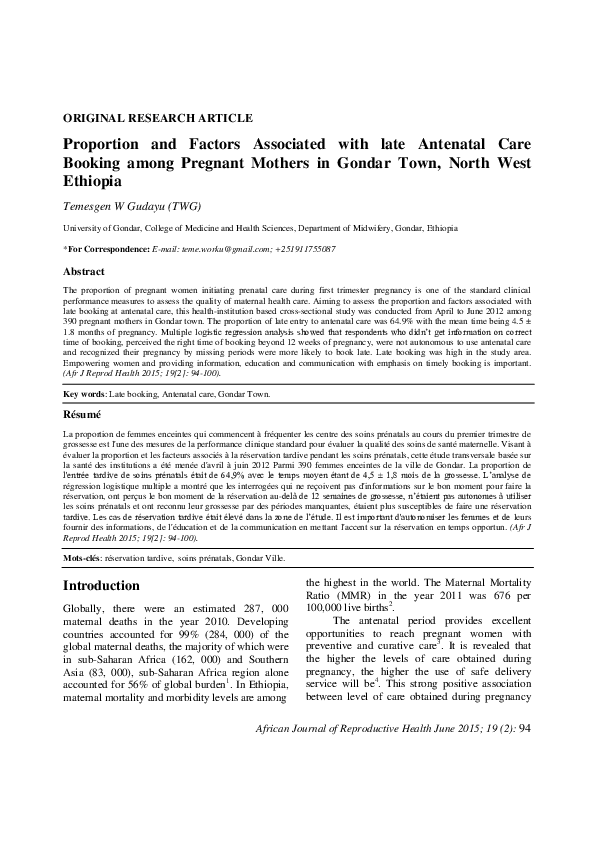 (PDF) Proportion and Factors Associated with late Antenatal Care ...