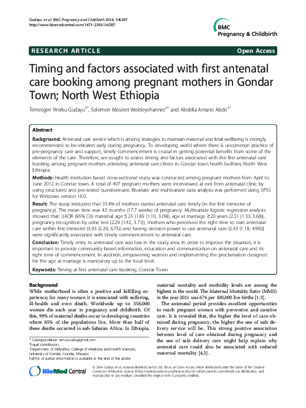 (PDF) Timing and factors associated with first antenatal care booking ...