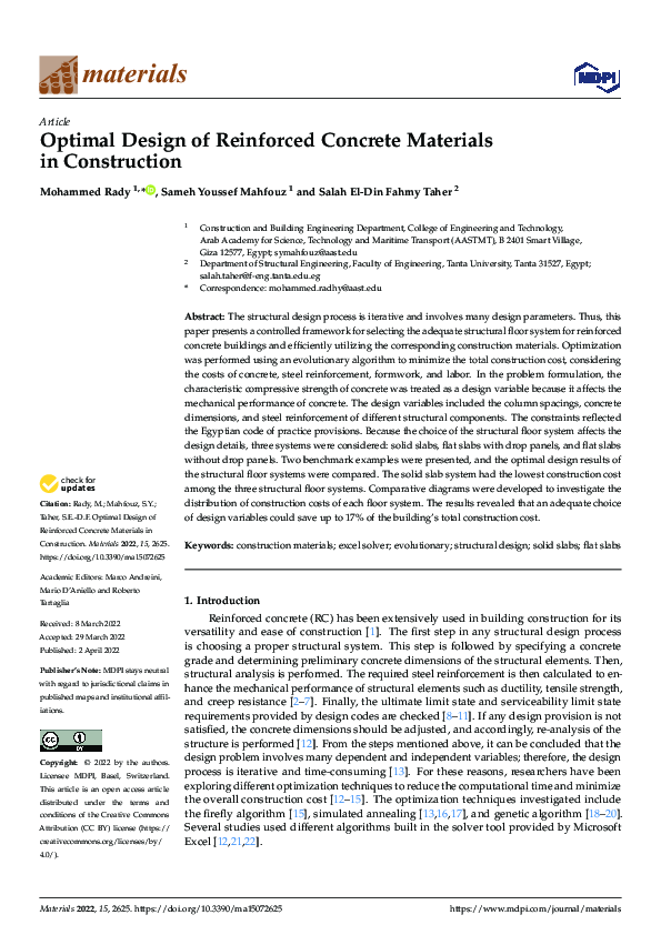 (PDF) Optimal Design of Reinforced Concrete Materials in Construction