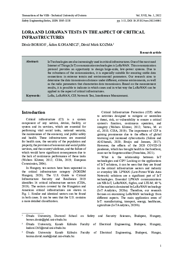(PDF) LoRa and LoRaWAN Tests in the Aspect of Critical Infrastructures