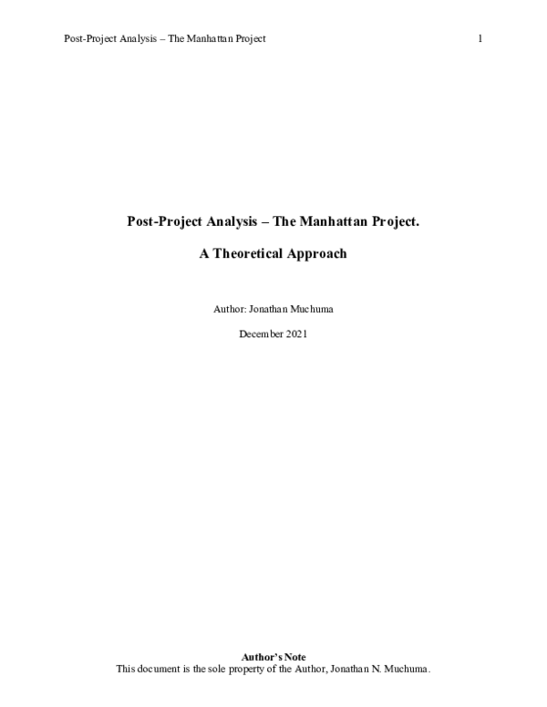 (PDF) Post-Project Analysis -The Manhattan Project. A Theoretical Approach