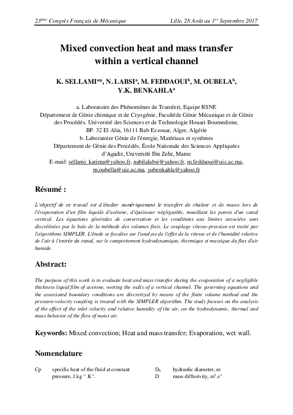 (PDF) Mixed convection heat and mass transfer within a vertical channel