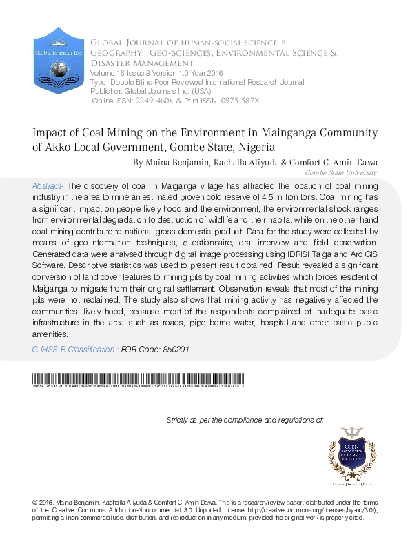 (PDF) Impact of Coal Mining on the Environment in Mainganga Community ...