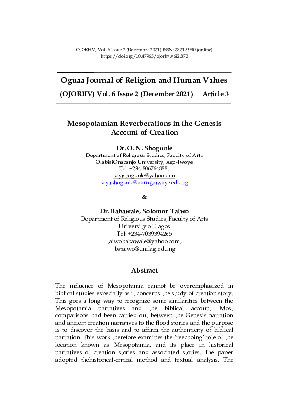 (PDF) Mesopotamian reverberations in the genesis account of creation