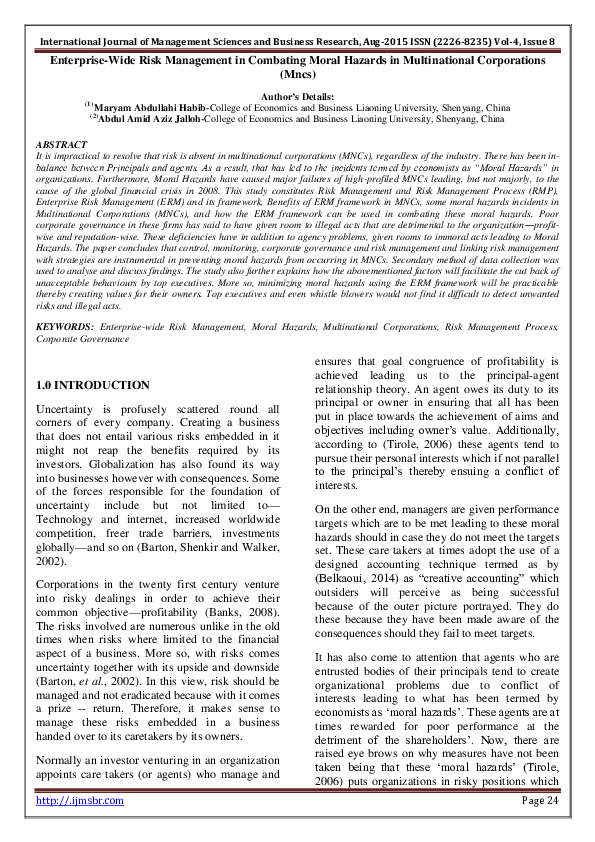 (PDF) Enterprise-Wide Risk Management in Combating Moral Hazards in ...