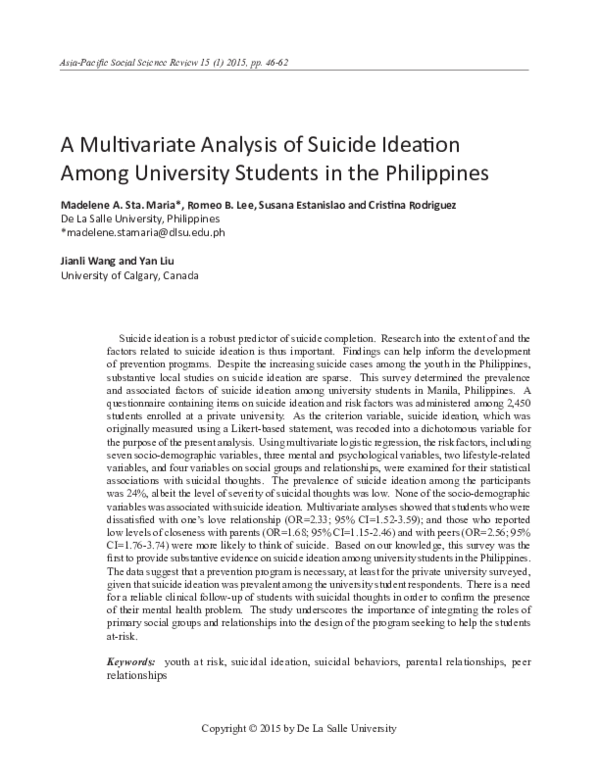 (PDF) A Multivariate Analysis of Suicide Ideation Among University ...