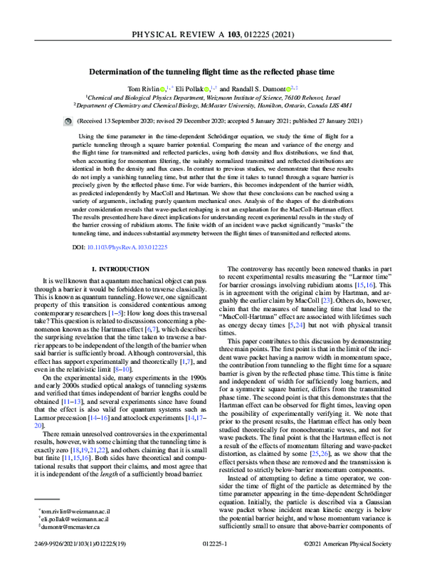 (PDF) Determination of the tunneling flight time as the reflected phase ...