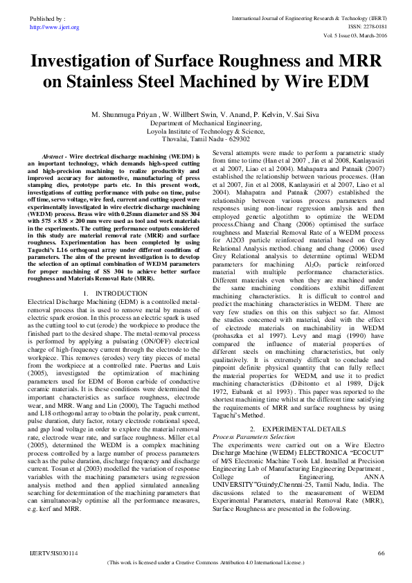 (PDF) Investigation of Surface Roughness and MRR on Stainless Steel