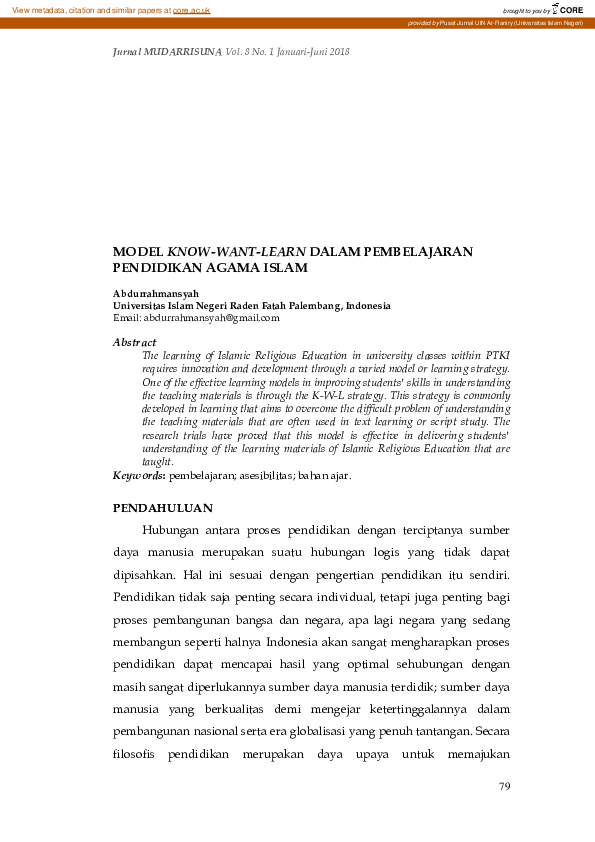 (PDF) Model Know-Want-Learn Dalam Pembelajaran Pendidikan Agama Islam