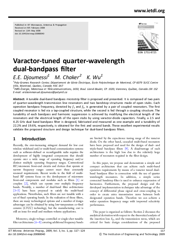 (PDF) Varactortuned quarterwavelength dualbandpass filter erick