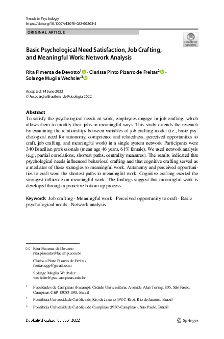 (PDF) Basic Psychological Need Satisfaction, Job Crafting, and ...