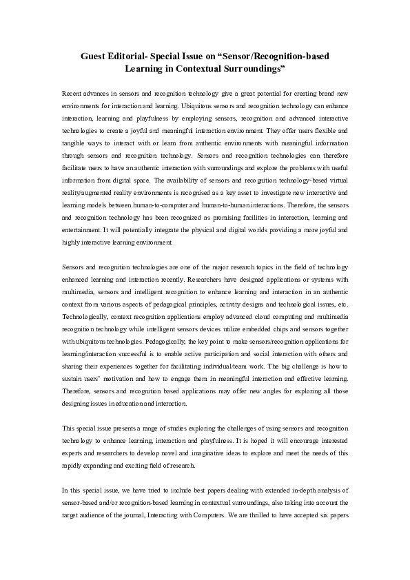 (PDF) Special Issue: Sensor/Recognition-based Learning in Contextual ...