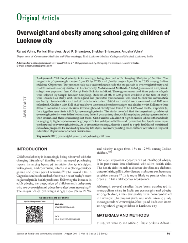 (PDF) Overweight and obesity among school-going children of Lucknow city