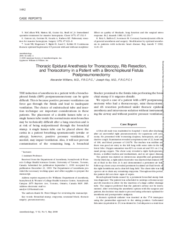 (PDF) Thoracic Epidural Anesthesia for Thoracoscopy, Rib Resection, and ...