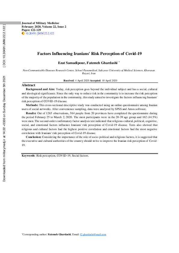 (PDF) Factors influencing iranians' risk perception of Covid-19