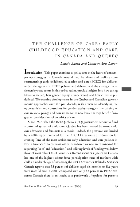 (PDF) The Challenge of Care: Early Childhood Education and Care in ...