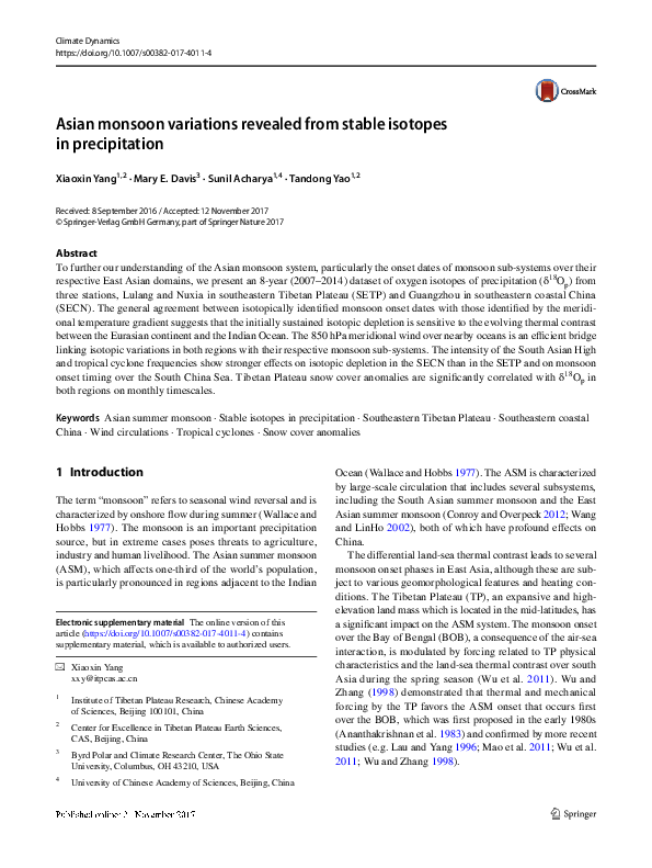 (PDF) Asian monsoon variations revealed from stable isotopes in ...