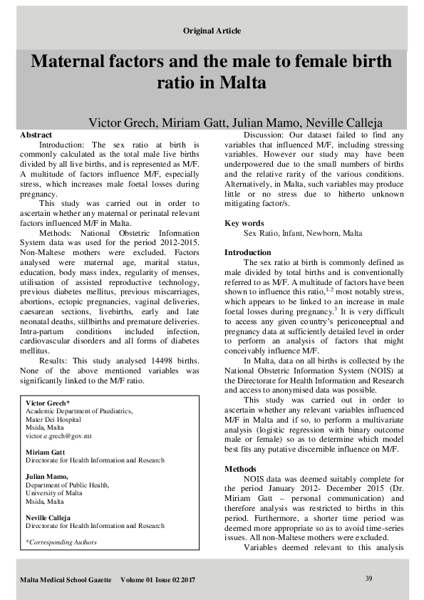 (PDF) Maternal factors and the male to female birth ratio in Malta