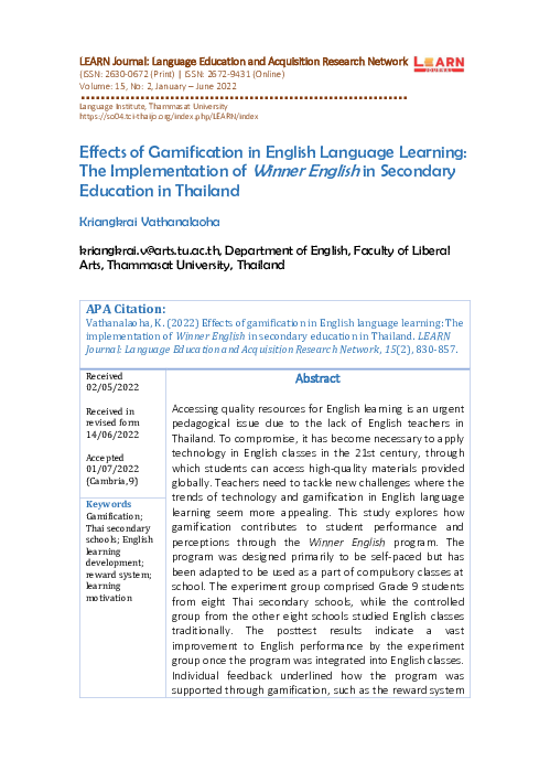 (PDF) Effects of Gamification in English Language Learning: The ...